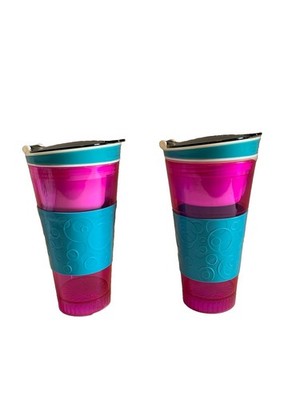 Two (2) Snackeez 2-in-1 Snack Drink Travel Cup Pink Blue White