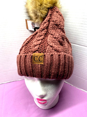 C.C Exclusives Brown/Mauve Cable Knit Faux Fur Pom Pom Beanie Hat New