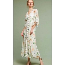 Farm Rio White Floral Maxi Dress Crochet Medallion V-Neck Kimono XS Petite