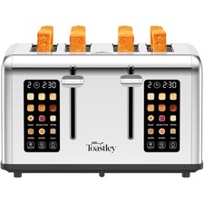 Toastley 4 Slice Smart Toaster, Wide Slots, Dual Screens, Digital Timer, Silver
