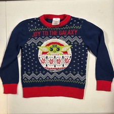 Boys Star Wars Grogu Holiday Sweater Size 6 Navy Blue Pre-Owned