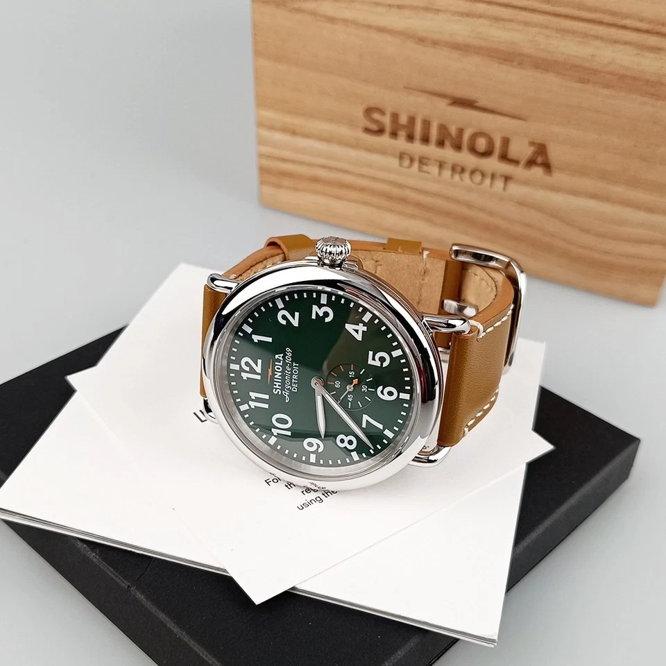 Men's Shinola Runwell 47mm Green Dial Brown Leather Strap Quartz Watch - Image 3 of 4