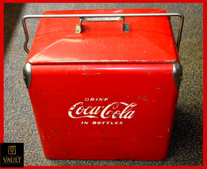 Vintage Drink Red Coca Cola Cooler Icebox Metal Action Mfg 1950's, Made in USA.