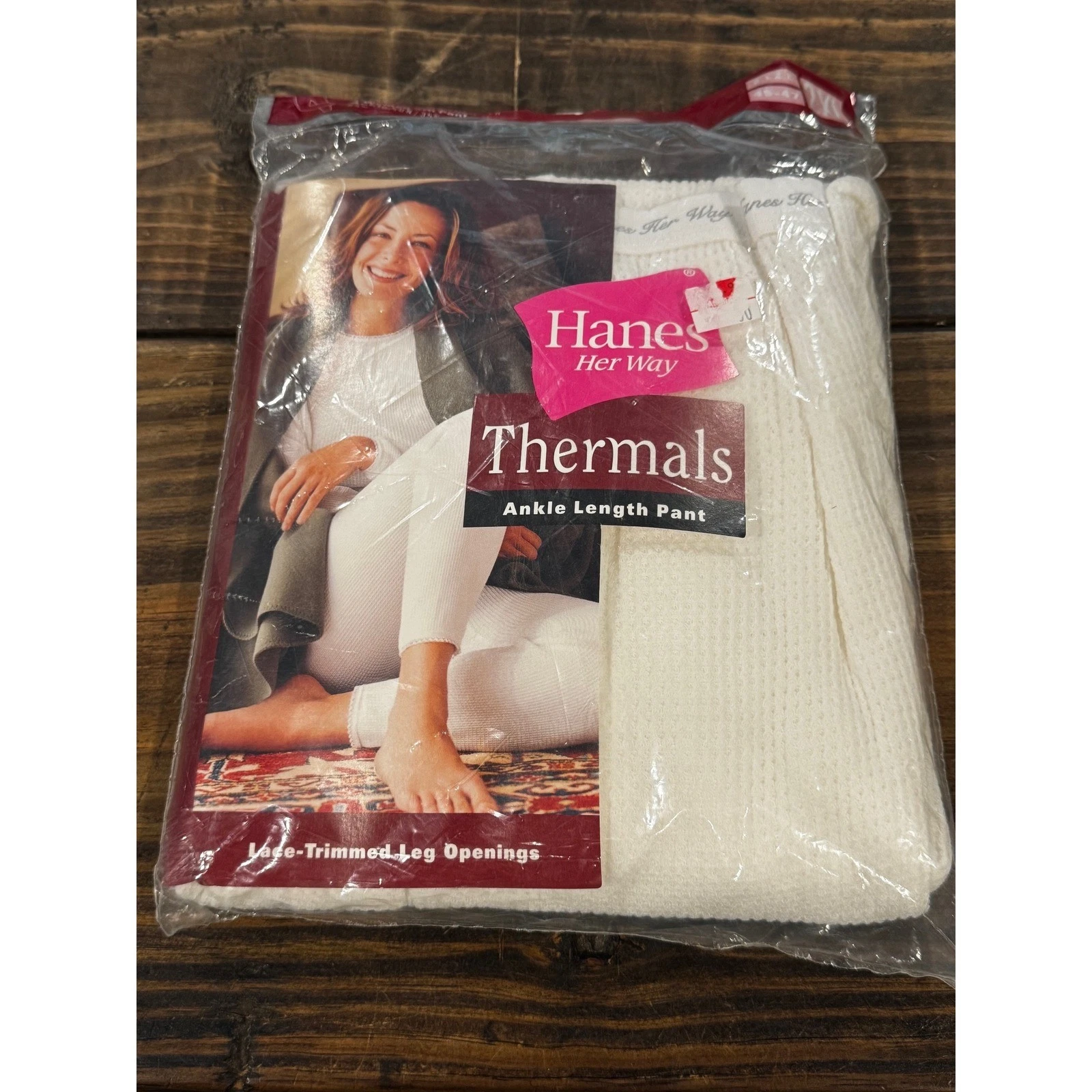 Hanes Her Way Womens Thermal Ankle Length Pant White Waffle Knit Lace Trim 2XL