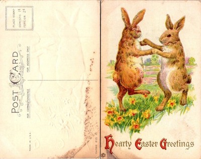 Vintage Easter Postcard Hearty Easter Greetings Dancing Bunnies Daffodils Unused