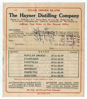 Early Advertising Hayner Distilling Co. Whiskey Washington DC Cigar Order Blank
