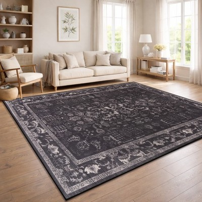 Vintage Boho moderner Wohnzimmerteppich Kurzflor waschbar rutschfest Anthrazit