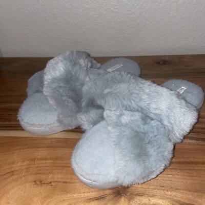 Halluci House Slippers Womens Size 40-41 Gray Fluffy Cross Band Slide Sandal New