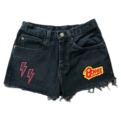 David Bowie Patched Jean Shorts Texas Jeans Black Denim Cutoffs - Size 26''