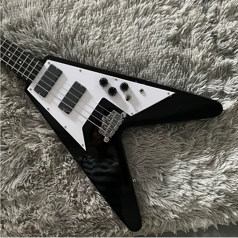 1981 4-strings Flying V Bass Guitar Black Bone Nut HH Pickups Chrome Hardware - Image 2 of 4