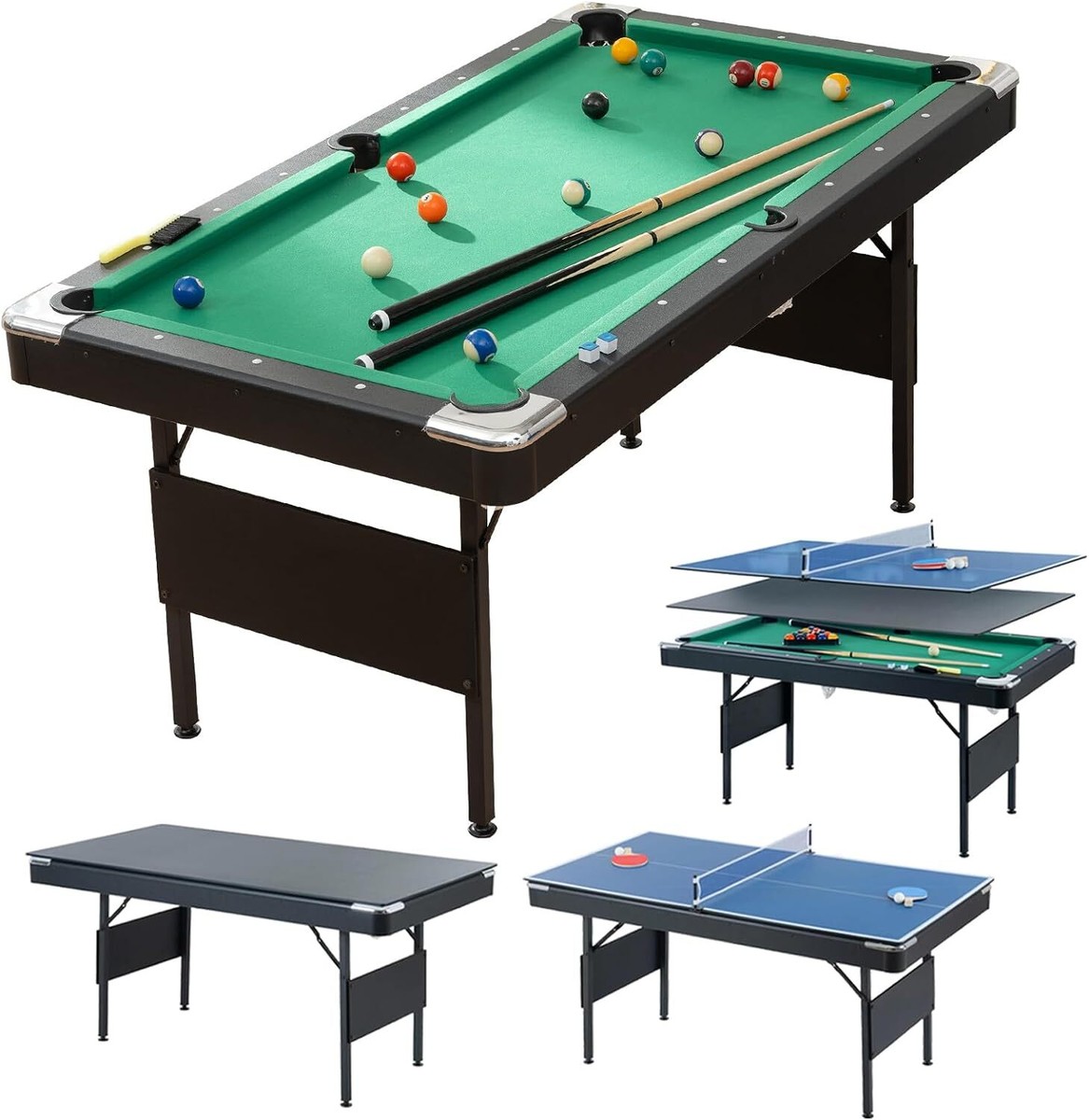 66" Foldable 3-in-1 Pool & Ping Pong Table - Portable Game Table For Home, Includes Balls, Cues, Paddles