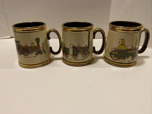 Set3 Vintage Gibsons Staffordshire England Locomotive Train Cup Mug Tankard Gold