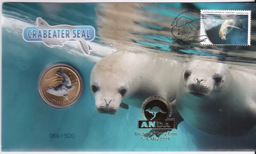 PNC COVER: 2018 $1 TUVALU COIN CRABEATER SEAL BRISBANE ANDA MONEY EXPO 069/500