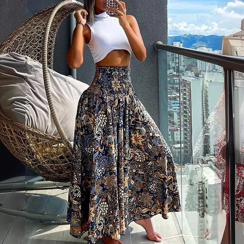 Women Dress A Line Skirt Maxi Skirts High Waist Summer Long Beach Floral Boho - Picture 17 of 30