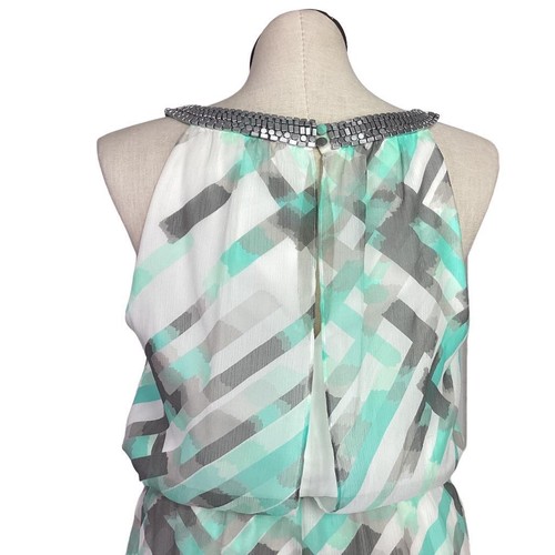 Vince Camuto Maxi Dress Women 14 White Blue Gray Geometric Keyhole Halter Beaded - Picture 6 of 11