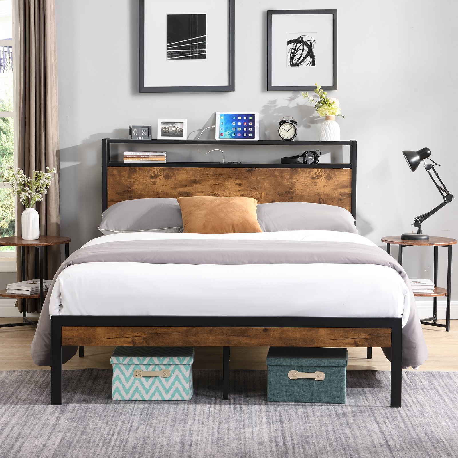Queen Metal Platform Bed Frame with Headboard and Footboard with USB LINER 83488