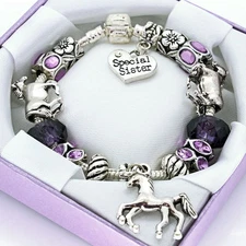 Girls Horse Pony Bracelet PERSONALISED BOX Purple Charm Beads Birthday Gifts