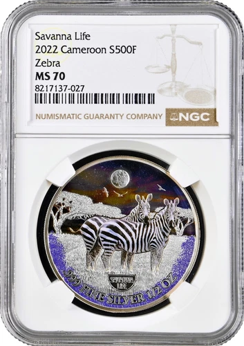 Cameroon 500 francs 2022, NGC MS70, "Savanna Life - Zebra" silver coin