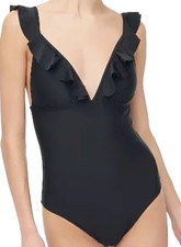 NEW J.CREW BLACK RUFFLE SHOULDER V-NECK ONE PIECE SWIMSUIT BG217 MEDIUM