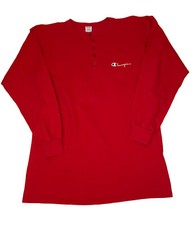Vtg Champion 80s Mens Red Pullover Henley Shirt L 5 Button Cotton Made In USA