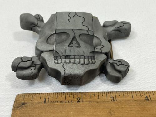 Vintage Skull Crossbones Lighter on Belt Buckle by HeavyMetalBuckles - Picture 2 of 20