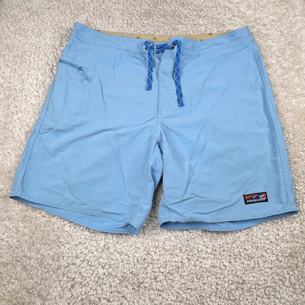 パタゴニア BORD SHORTS サイズ32 波タグ Patagonia Board Shorts Mens 38 Blue Swimming Trunk Pool Water Zip