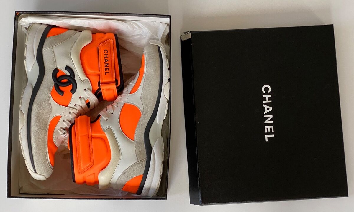 18P CHANEL WHITE FLUORESCENT ORANGE HIGH TOP LEATHER FABRIC 18P CHANEL WHITE FLUORESCENT ORANGE HIGH TOP LEATHER FABRIC