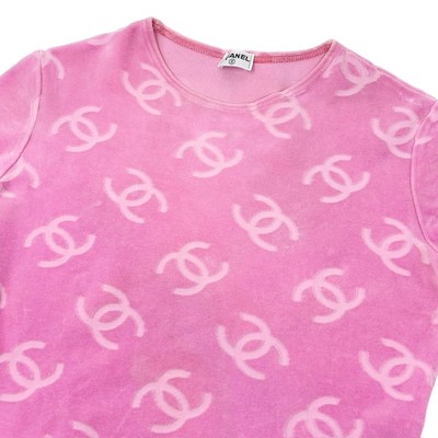 CHANEL Vintage CC Mark Logo Velour T-Shirt #40 Top Pullover Pink 
