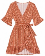 CUPSHE Women’s Small Burnt Orange Floral Wrap Mini Dress Bell Sleeve Boho Tie