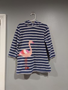 Mini Boden Toweling Swim Coverup Hoodie Towel Dress Flamingo Blue Stripe Sz 3-4Y