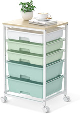 Utility Cart with 5 Drawers,Storage Cart with Wooden Tabletop and Lockable Wheel