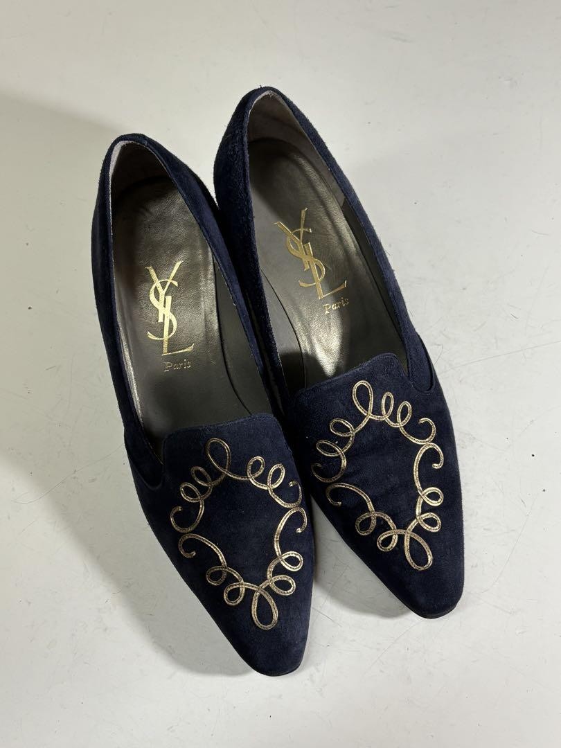 Saint Laurent decolte tacco YSL EU36 US6 blu navy scamosciato con ricamo