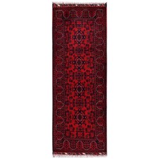 1'9"x5' Red Afghan Andkhoy with Geometric Motif Hand Knotted Wool Runner Rug