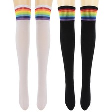 2 Pairs Womens Black White Socks Over Knee Rainbow Stripe Thigh High Socks St...