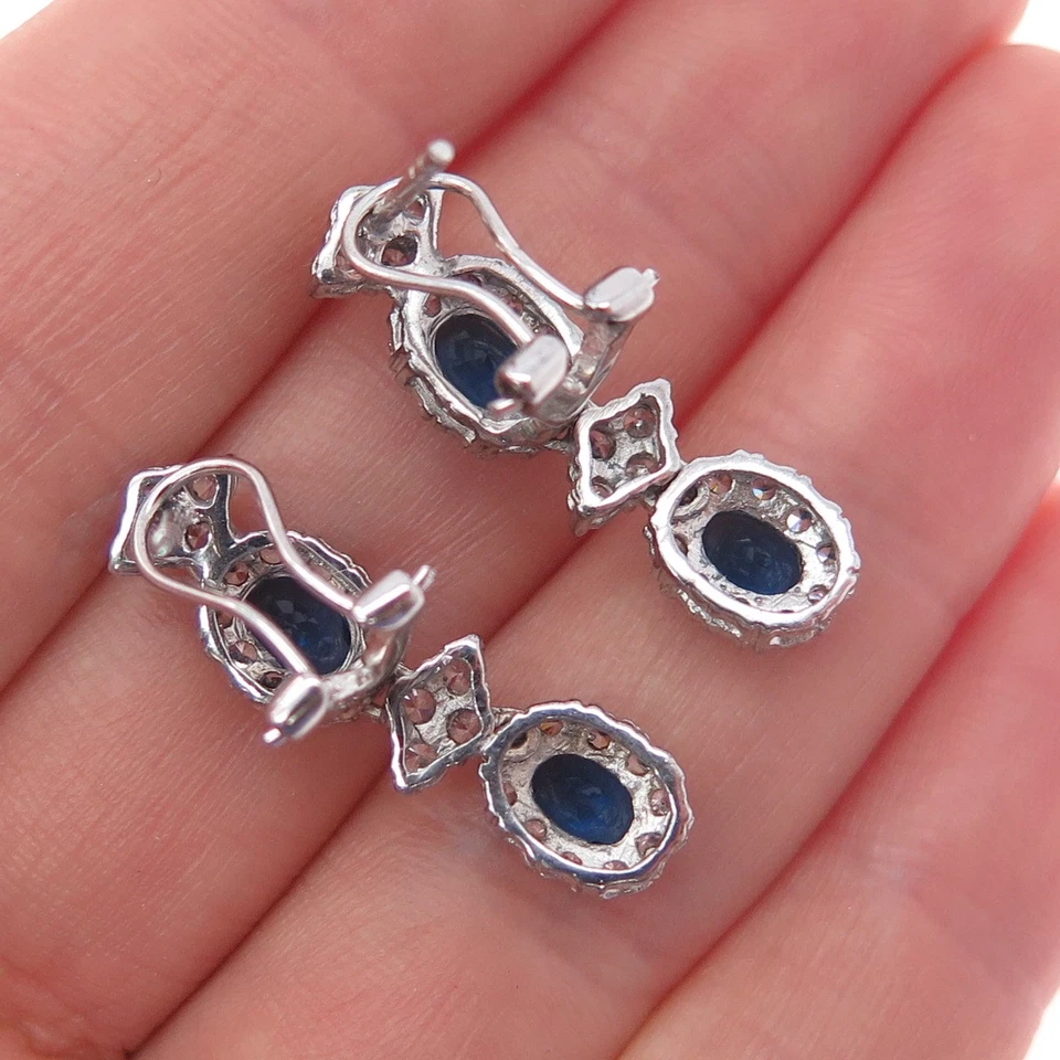 925 Sterling Silver Blue & White C Z Dangle Omega Back Earrings - Image 2 of 4