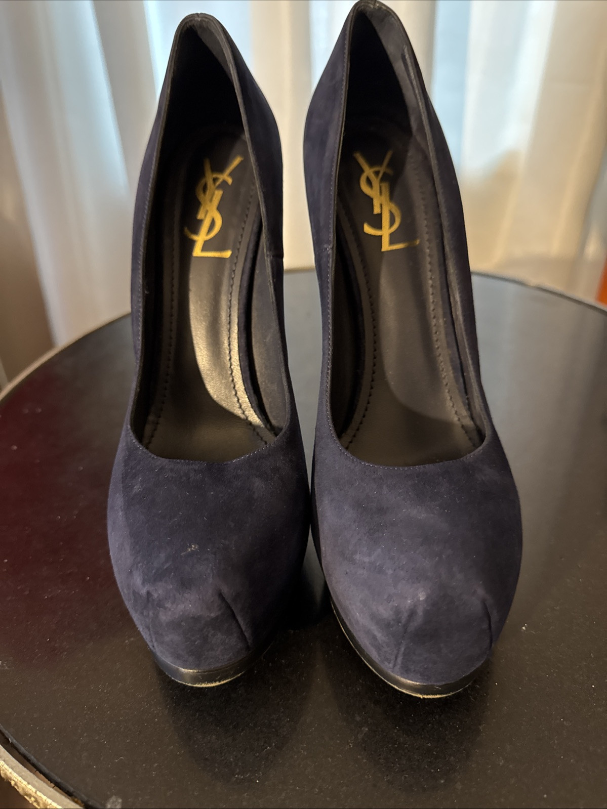 SAINT LAURENT Decolte YSL Tribtoo blu navy scuro pelle scamosciata plateau tg 40 tacco 6" punta tonda