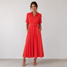 Loft Cherry Red Size 4 Maxi Button Front Belted Dress Pockets Bold Summer Chic