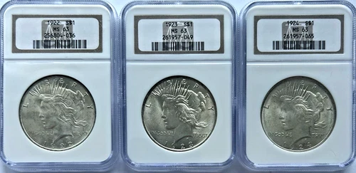 1922-1924 Silver Peace Dollars MS 63 3-Coin Lot NGC Certified