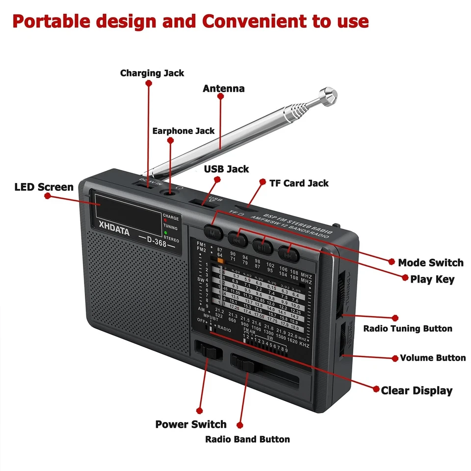 XHDATA D368 Portable Radio Shortwave AM FM SW 12 Band DSP Stereo MP3 Player Gift - Image 2 of 4