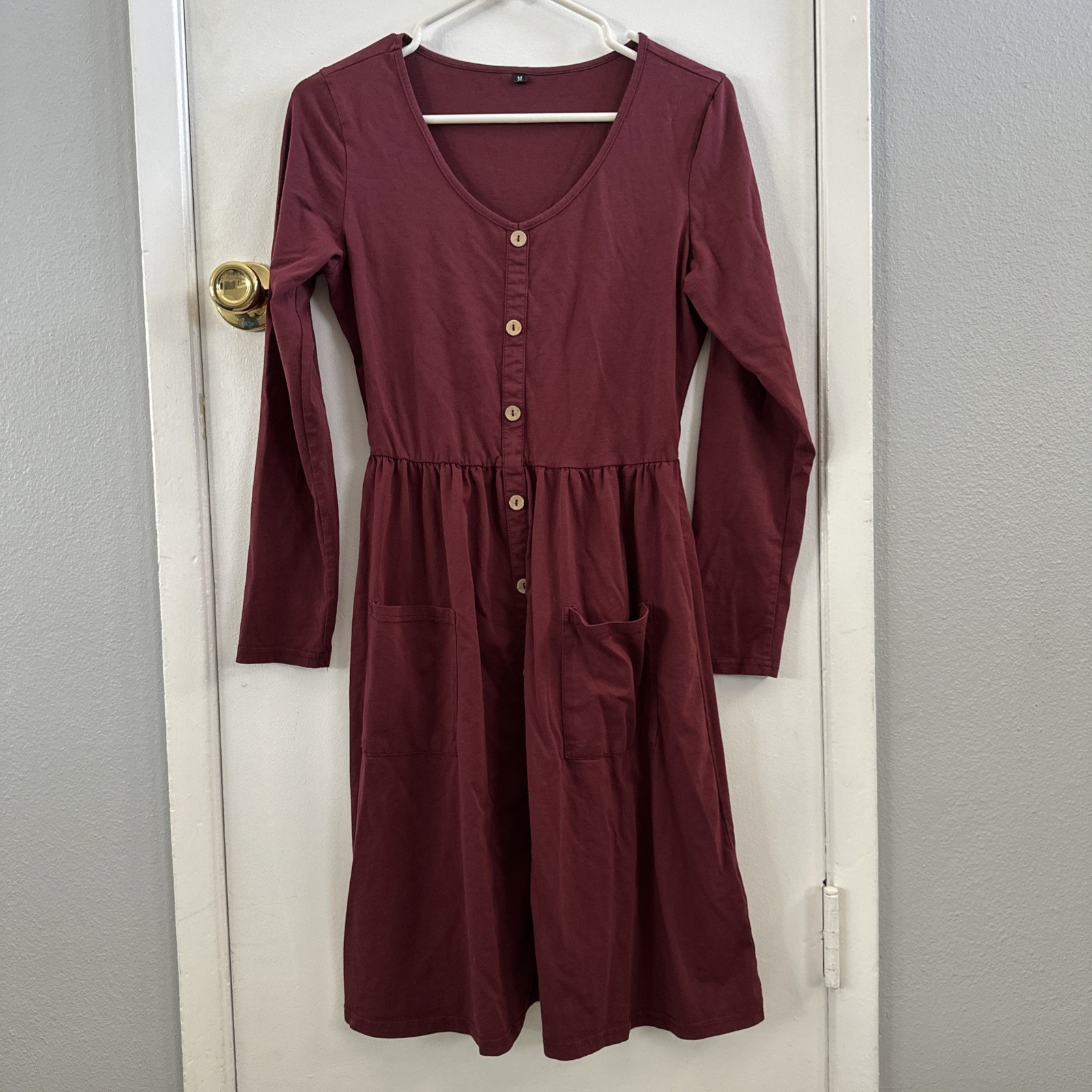 OUGES Women's Long Sleeve Burgundy V Neck Skater … - image 1