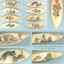 Four Nicely Engraved & Colored Cow Bone Tatting Shuttles
