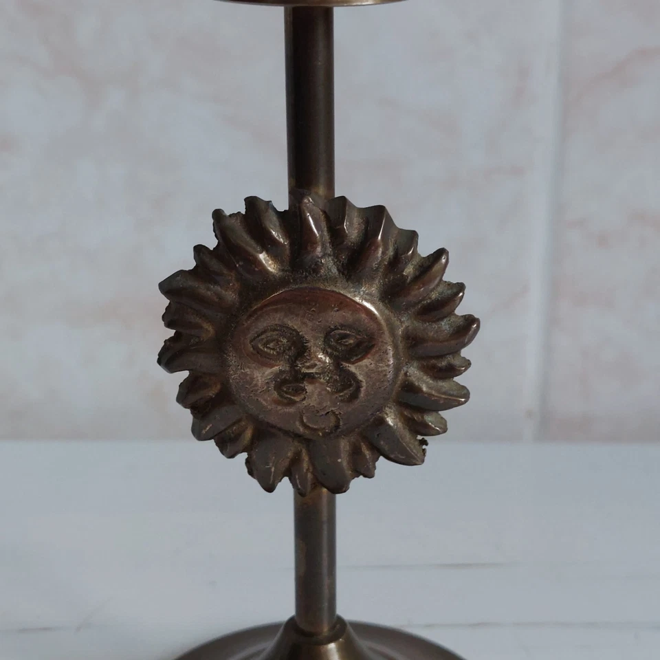 Retro Brass Sun Face Candlestick Candle Holder Celestial India H 16cm WEAR - Image 3 of 4