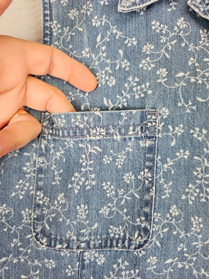 Vestido Denim Floral Anexo Esquina Vintage Talla 12 Azul Boho Retro Hippie Foto 4 de 4