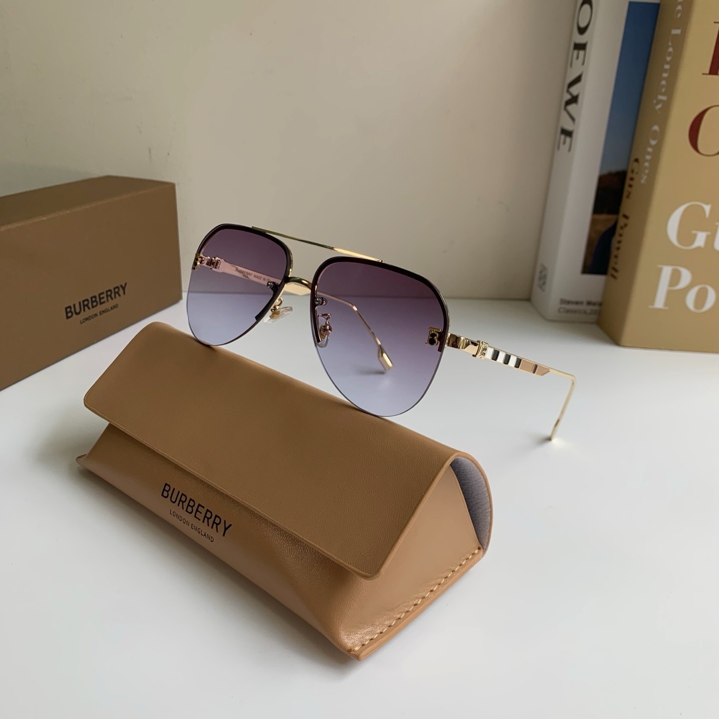 Burberry BE3172 Gold Rimless Pilot Sunglasses Purple Gradient Lens