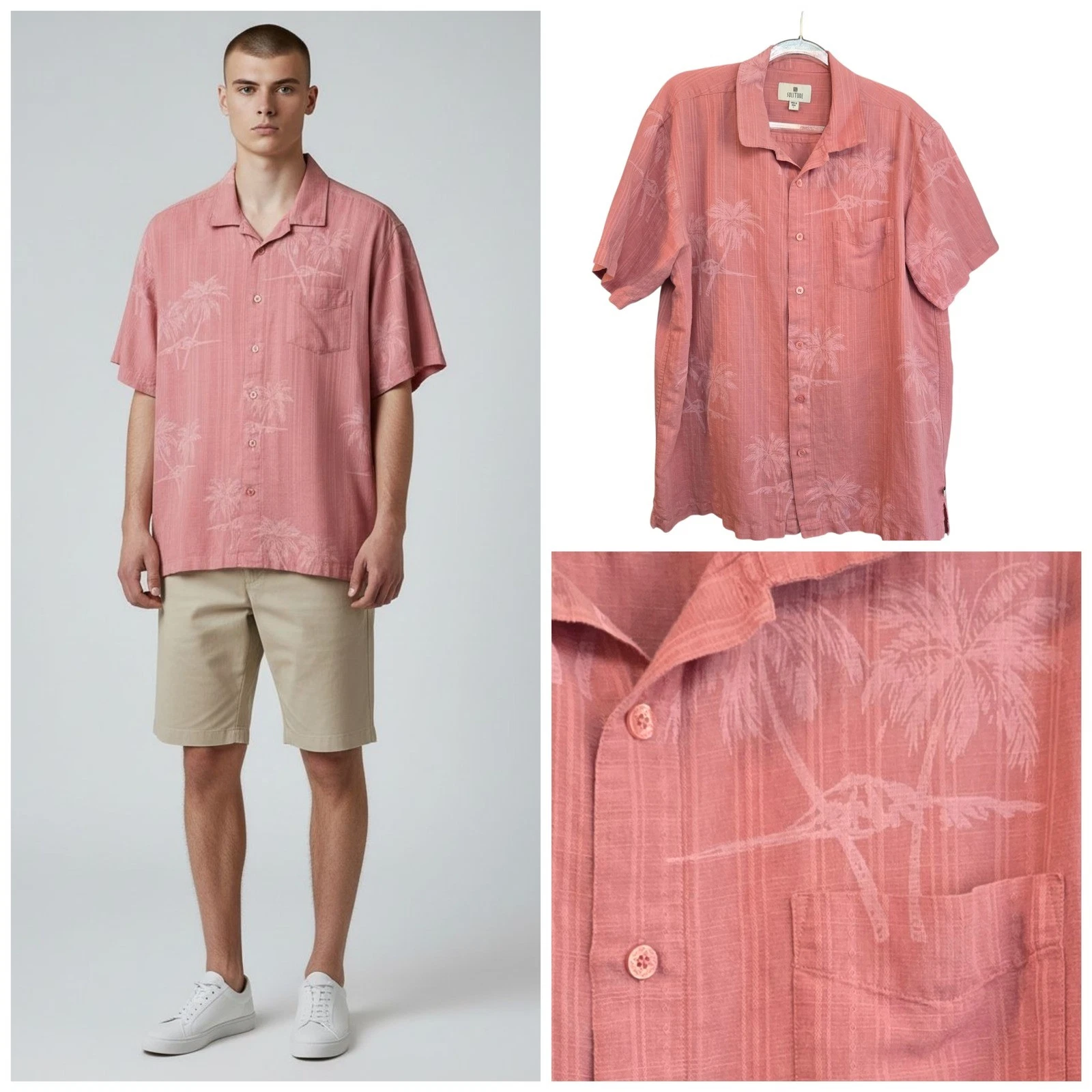 Solitude Linen Cotton Blend Short Sleeve Button Down Shirt Palm Tree Mens L