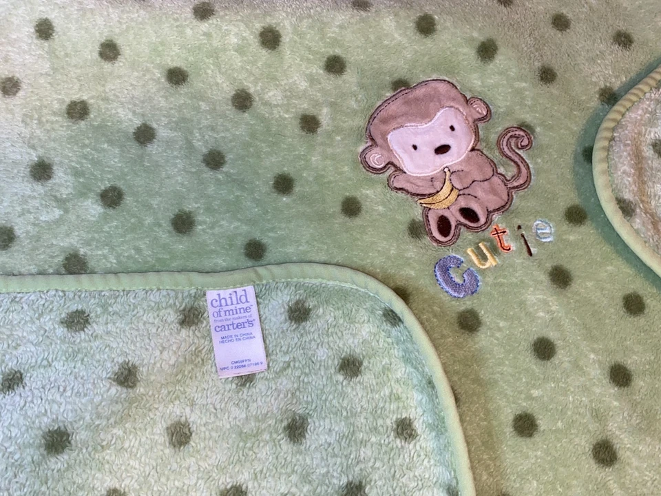 N1 !WOW! Carter's Green Polka Dot MONKEY Cutie Plush Baby Crib Blanket - Image 2 of 4