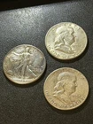Lot of 3 Silver Half Dollars 1945 d Walking Liberty & 2 Franklins 1951 S  Nice!