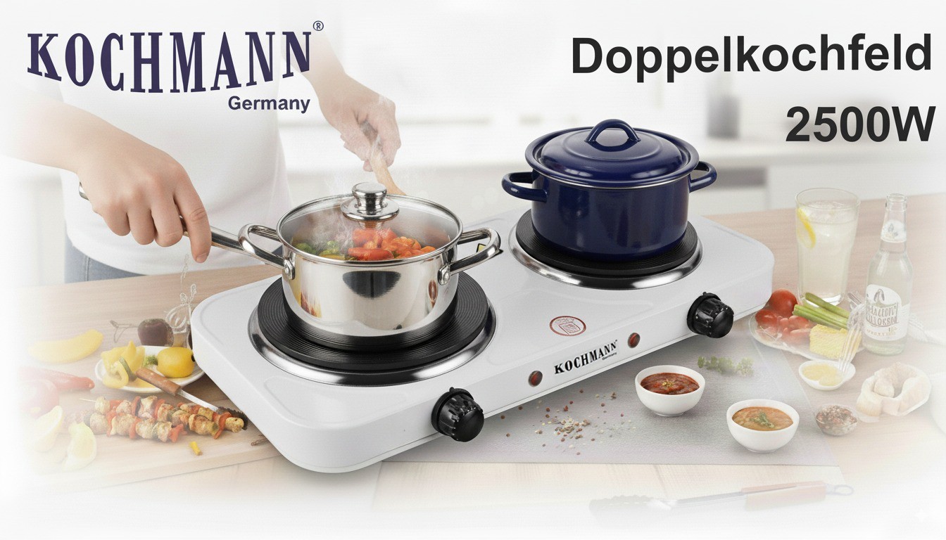 Kochmann Doppelkochplatte 2500W | Herdplatte Elektrokochfeld für Camping & Küche