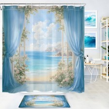 Window Tropical Blue Ocean Coastal Beach Shower Curtain Set for Bathroom Decor