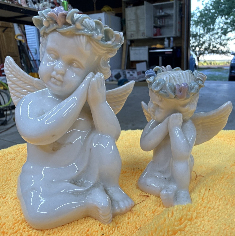 White Ceramic Cherub Angel Figurines Set of 2 Glazed Finish 3D Effect